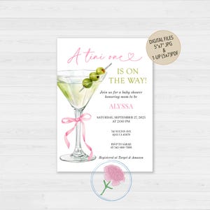 A Tini One Is On The Way Invite,Martini Baby Shower Invite,Customized Digital Pink Coquette Bow & Martini Invite,Girl Baby Shower Invite