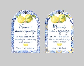 Mama's main squeeze is on the way,Lemon & Blue Tiles Tags,Lemon Baby Shower Tags,Lemon and Azulejos Tiles Baby Shower Tags,Lemon Tags