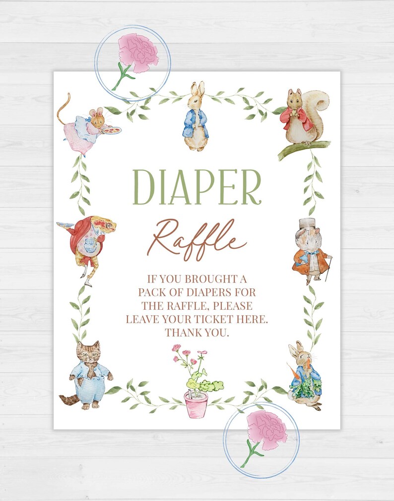 Peter Rabbit Diaper Raffle Sign Beatrix Potter Printable 8x10 Sign & Printable 3.5x2 Raffle Tickets ...