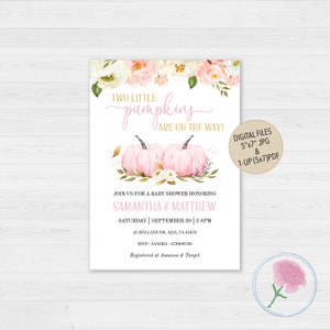 Little Pumpkins TWIN Boys or Girls Baby Shower Invite,Two little pumpkins are on the way!,Customized Digital Fall Twin Baby Shower Invite