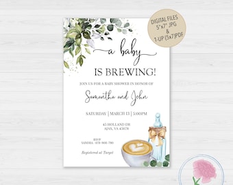 A Baby is Brewing Baby shower Invite,Bottle and Coffee Or Tea Baby Shower Invite,Customized Digital Gender Neutral Baby Shower Invitation