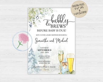 Può includere: Un invito a una festa di benvenuto per il bambino con uno sfondo ad acquerello che presenta un bicchiere di champagne e una birra. L'invito recita "& bollicine & birre prima che il bambino nasca!" e include i nomi Samantha e Michael, la data e l'ora della festa e l'indirizzo. L'invito include anche il testo "Registrato presso Target & Amazon".