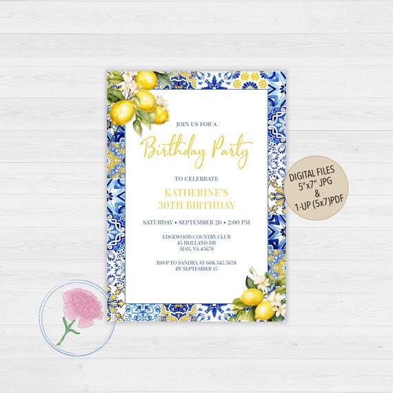 Italian Blue Tiles Lemon Birthday Invite,Mediterranean Lemon Birthday Invite,Customized Digital Portuguese Azulejos Tiles Lemon Invite