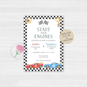 May include: A digital racing-themed invitation with a checkered flag border. The text reads "Start Your Engines" above the names James and Matthew, who are turning six and four. Includes race cars, a trophy, and a helmet.