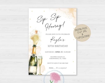 Sip, Sip, Hooray Champagne Birthday Invite,Birthday Champagne Brunch Invite,Customized Digital Sip, Sip, Hooray Birthday Invite