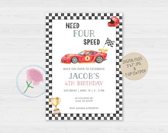 May include: A black and white checkered invitation with a red race car, a checkered flag, and a racing helmet. The text reads "Need Four Speed" and "Jacob's 4th Birthday".