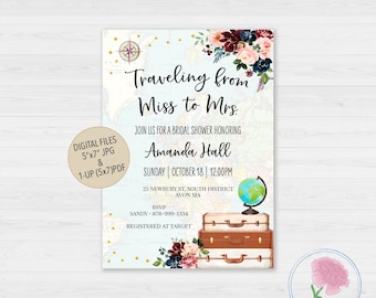 Navy Burgundy Floral Travel Theme Bridal Shower,Floral Travel Theme Bridal Shower,Navy Merlot Floral Customized Digital Bridal Shower Invite
