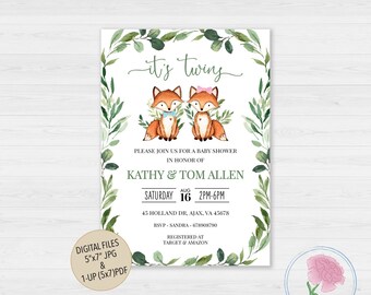 Twins Baby Shower Invitation,Woodland Twins Baby Shower Invitation,Twin Boys or Twin Girls Baby Shower,Customized Digital Baby Shower Invite