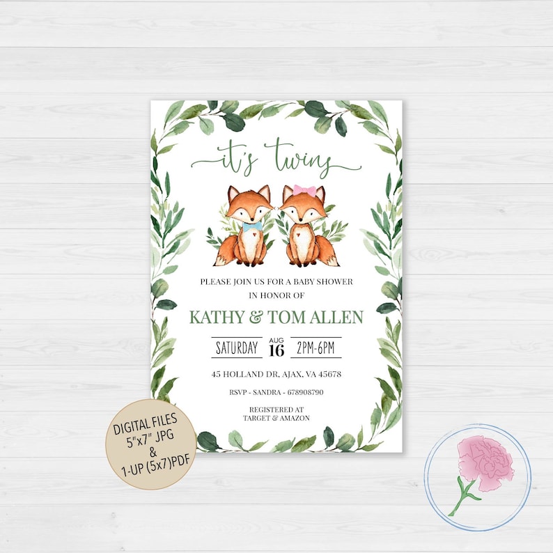 May include: A baby shower invitation with a green leafy border. Two cartoon foxes, one with a blue bow tie and the other with a pink bow, are sitting in the center of the invitation. The text "it's twing" is written in cursive above the foxes. The invitation is for Kathy & Tom Allen and is scheduled for Saturday, August 16th from 2pm to 6pm. The address is 45 Holland Dr, Ajax, VA 45678. The RSVP number is 678908790. The invitation also states that gifts can be registered at Target and Amazon.