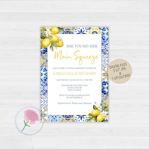 Mediterranean Blue Tiles and Lemons Bridal Shower Invite,Customized Digital Azulejos Tiles Bridal Shower Invite,She Found her Main Squeeze!