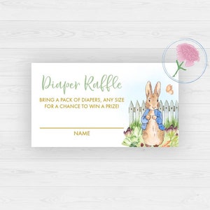 May include: A white card with green text that says "Diaper Raffle" and "Bring a pack of diapers, any size for a chance to win a prize!"  A cartoon rabbit wearing a blue shirt is on the right side of the card.  The card has a gold line for a name.