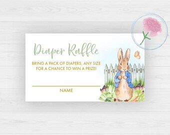 Letreros y boletos para la rifa de pañales de Peter Rabbit, Letrero imprimible de 8 x 10 de Beatrix Potter y boletos para la rifa imprimibles de 3,5 x 2 pulgadas, Letreros de 8 x 10 de Peter Rabbit