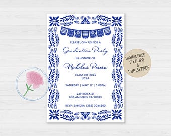 Blue Talavera Graduation Invite,Cobalt Blue Talavera Invite,Customized Digital Mexican Fiesta Graduation Invite, Papel Picado Grad Party