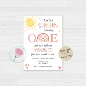 Boho Sun & Rainbow First Birthday Invite,Little Sunshine First Birthday Invite,Customized Digital First Trip Around The Sun Birthday Invite