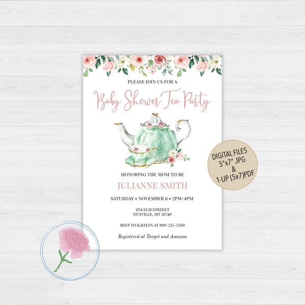 Baby Shower Tea Party Invite,Customized Digital Teapot & cup Baby Shower Invite,Mint and Pink Tea Party Invite,Baby Shower Tea Invite