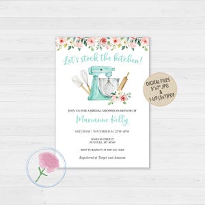 Stockez l'invitation pour une douche nuptiale dans la cuisine, une invitation numérique personnalisée pour une douche de mariage dans la cuisine, une invitation pour table de mixage bleu sarcelle, une invitation pour le garde-manger