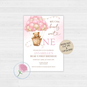 We can bearly wait!,Teddy Bear Girl First Birthday Invitation,Girl Teddy Bear Birthday,Customized Digital Teddy Bear Hot Air Balloon Invite