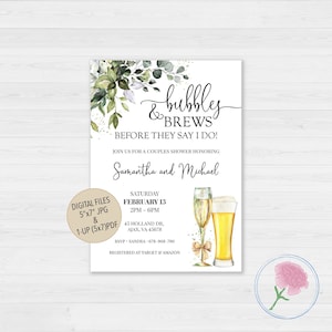 Bubbles and Brews before they say I Do Couples shower Invite,Eucalyptus Engagement Party Invite,Customized Bubbles and Brews Digital Invite