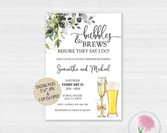Invitación de ducha de burbujas y cervezas antes de que digan que sí, Invitación de fiesta de compromiso de eucalipto, Invitación digital personalizada de burbujas y cervezas