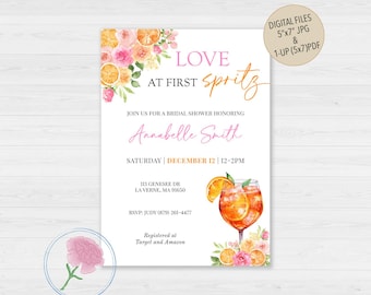 Love At First Spritz Bridal Shower Invite,Citrus & Bright Florals Bridal Shower Invite,Customized Digital Aperol Spritz Bridal Shower Invite
