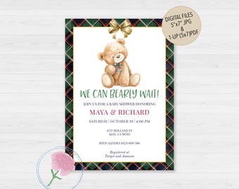 Preppy Tartan Teddy Baby Shower Invite,Winter Navy & Green Tartan Baby Bear Shower,Customized Digital Navy and Green Plaid Teddy Bear Invite