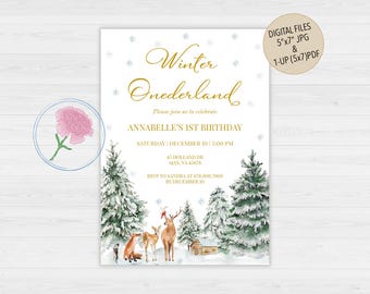 Winter Onederland First Birthday Invite,Customized Digital Winter Woodland Animals First Birthday Invite,Winter Forest 1st Birthday Invite