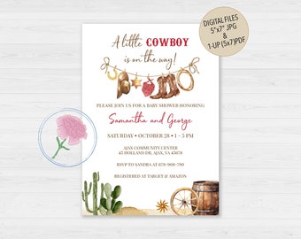 Inbjudan till liten cowboy-babyshower, inbjudan till country western-cowboy-babyshower, anpassad digital inbjudan till babyshower med vilda västernmotiv
