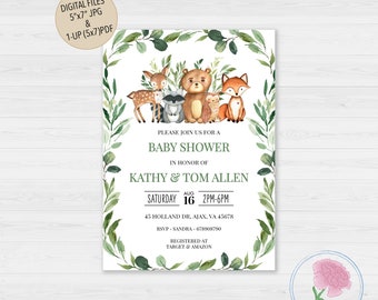 May include: A baby shower invitation with a green leafy border and woodland animal illustrations. The text reads "Please join us for a baby shower in honor of Kathy & Tom Allen. Saturday, August 16, 2PM-6PM. 45 Holland Dr, Ajax, VA 45678. RSVP-Sandra-678908790. Registered at Target & Amazon."