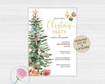 May include: A Christmas party invitation with a watercolor illustration of a decorated Christmas tree, presents, and ornaments. The invitation includes the text "Join us for a Christmas Party" and details about the party, including the date, time, location, and RSVP information.
