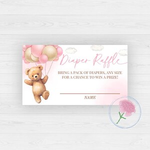 Teddybär-Windel-Verlosungszeichen und Raffle-Karten, Baby-Mädchen-Teddy-Ballons druckbares 8x10-Zeichen u
