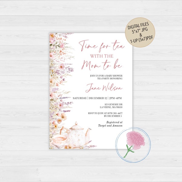 Baby Shower Tea Party Invite,Customized Digital Time For Tea Baby Shower Invite,Wildflowers Tea Party Invite,Garden Baby Shower Tea Invite