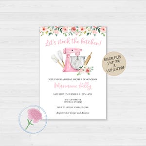 Stockez l'invitation pour une douche nuptiale dans la cuisine, une invitation numérique personnalisée pour une douche de mariage dans la cuisine, une invitation pour table de mixage rose, une invitation pour le garde-manger