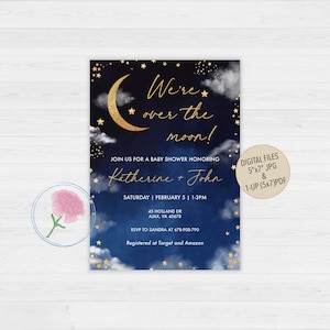 Twinkle Twinkle Little Star Baby Shower Invitation,We&#39;re over the moon Baby Shower Invitation,Customized Digital Moon and Stars Invite
