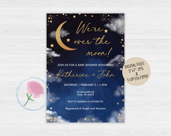 Twinkle Twinkle Little Star Baby Shower Invitation,We're over the moon Baby Shower Invitation,Customized Digital Moon and Stars Invite