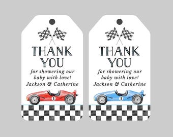 Racing Baby Shower Favor Tags,Racing Party Tags,Red Race Car Baby Shower Tags,Racer Printed Thank you Tags,Blue Race Car Baby Shower Tags