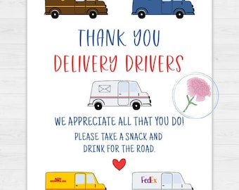 Utskrivbar 8,5x11 uppskattningsskylt för leveransförare, tackskylt för leveransförare, USPS, UPS, Amazon, FedEx tackskylt, ta ett mellanmål och en dryck