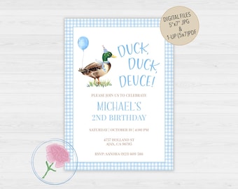 Mallard Duck Boy 2nd Birthday Invitation,Duck Second Birthday Invite,Customized Digital Duck Boy Birthday Invite,Duck, Duck, Deuce Invite