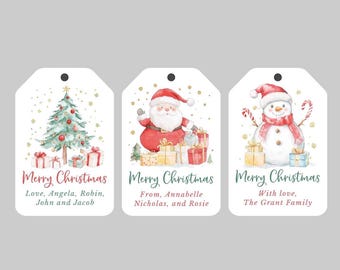May include: Three Christmas gift tags with watercolor illustrations. The first tag features a green Christmas tree with red and gold ornaments. The second tag features Santa Claus in a red suit with a white beard. The third tag features a snowman with a red scarf and a black top hat. Each tag has a white background with gold glitter and the text "Merry Christmas".