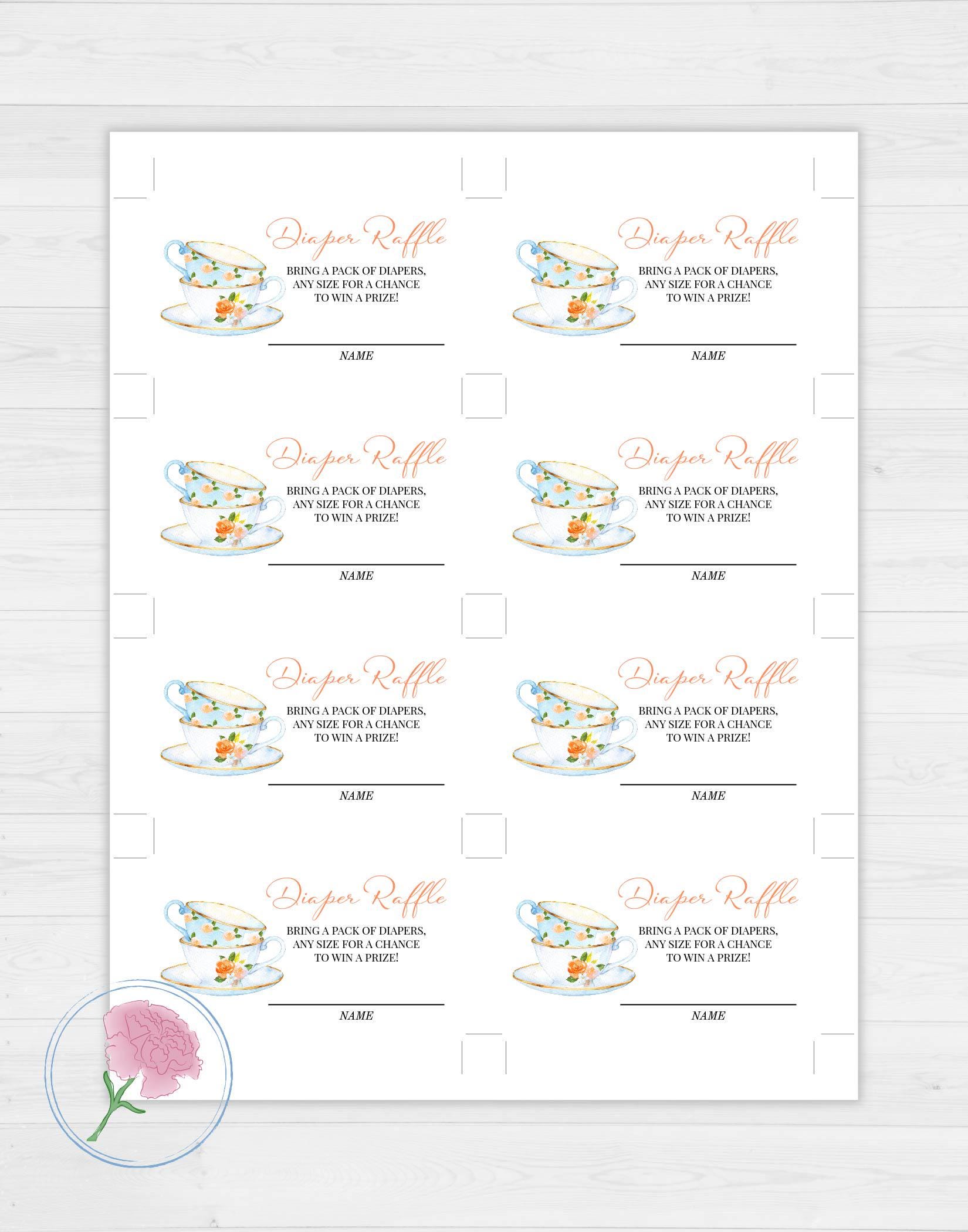 Tea Party Boy Diaper Raffle Sign & Tickets,tea Time Printable 8x10 Sign ...