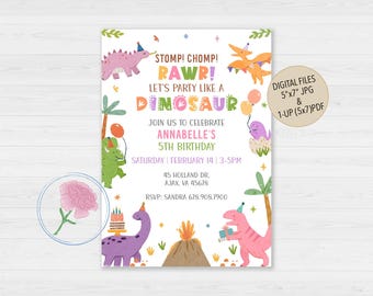 Dinosaur Girl Birthday Invite,Customized Digital Dinosaurs in Birthday Hats Invite,Stomp Chomp Roar Lets Party like a Dinosaur Invite