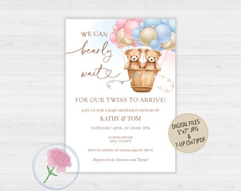 We can bearly wait!,Twin Boy & Girl Teddy Invite,Twin Baby Boy and Girl Bear Shower,Customized Digital Twin Teddies Hot Air Balloon Invite