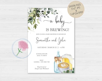 May include: A baby shower invitation with watercolor illustrations. The invitation features the text "a baby is brewing!" and details for Samantha and John's baby shower. Includes a floral design and a coffee and beer theme.