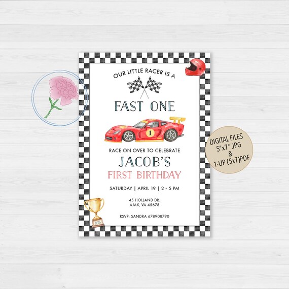 Race Car First Birthday Invite,Kids Racing Birthday Invite,Customized Digital FAST ONE Invite,Red Race Car Invite,Racing 1st birthday Invite