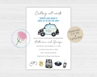 Invitación para baby shower con temática policial, invitación para baby shower con temática policial, invitación digital personalizada para baby shower con temática policial, invitación para llamar a todas las unidades