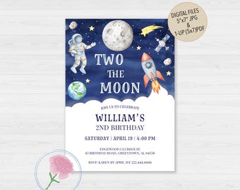 Outer Space Second Birthday Invite,Galaxy Rocket Planets Astronaut Invite,Customized Digital Space 2nd Birthday Invite,Two The Moon Invite