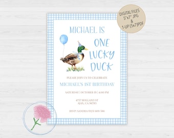 Mallard Duck Boy 1st Birthday Invitation,Duck First Birthday Invite,Customized Digital Duck Boy Birthday Invite,One Lucky Duck Invite,
