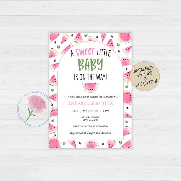 Pink Watermelon Baby Shower Invitation,A sweet little baby is on the way Baby Shower Invitation,Customized Digital Pink watermelon Invite