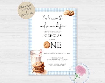 May include: A blue and white gingham background with a white card featuring a watercolor illustration of cookies and milk. The text on the card reads "Cookies, milk and so much fun."  Join us to celebrate Nicholas turning one. Saturday, October 28, 2-4 PM. Nicholas' Home, 245 Victoria St. Ajax, VA 34567. Kindly RSVP to Kathy at 657.356.2232 by Oct 15.