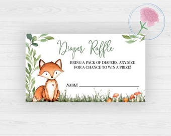 Fox Gender Neutral Diaper Raffle Sign and Raffle Tickets,Woodland Fox Baby Shower Printable 8x10 Sign & Printable 3.5x2 Raffle Tickets