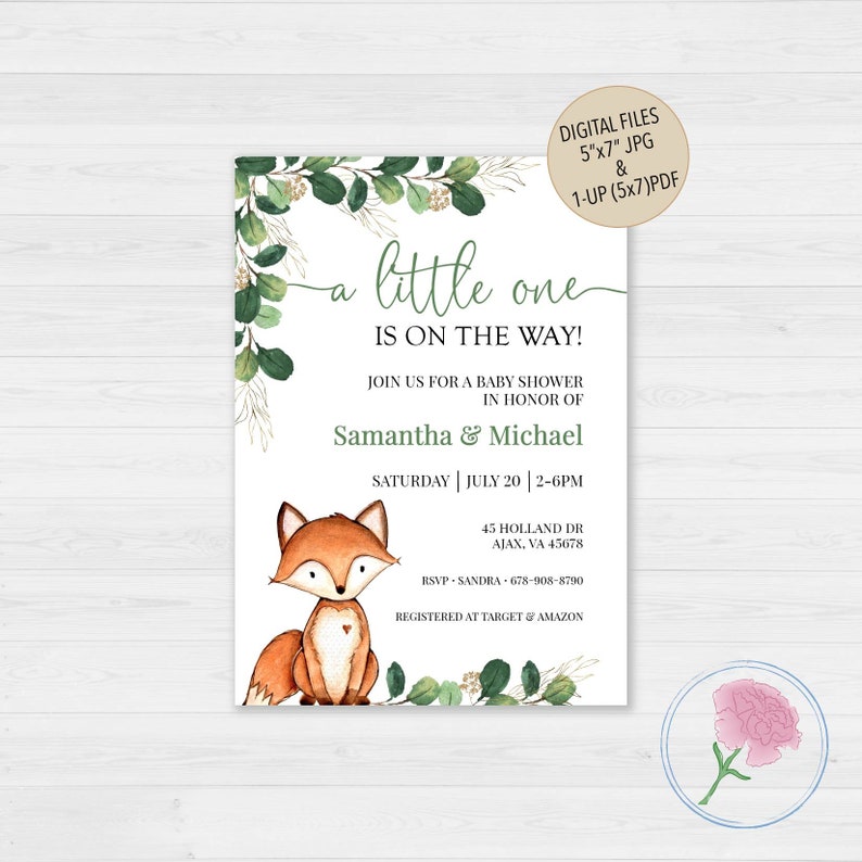 Fox Baby Shower InvitationGender Neutral Fox Woodland Baby Shower InviteCustomized Digital Baby Fox InviteWoodland Baby
